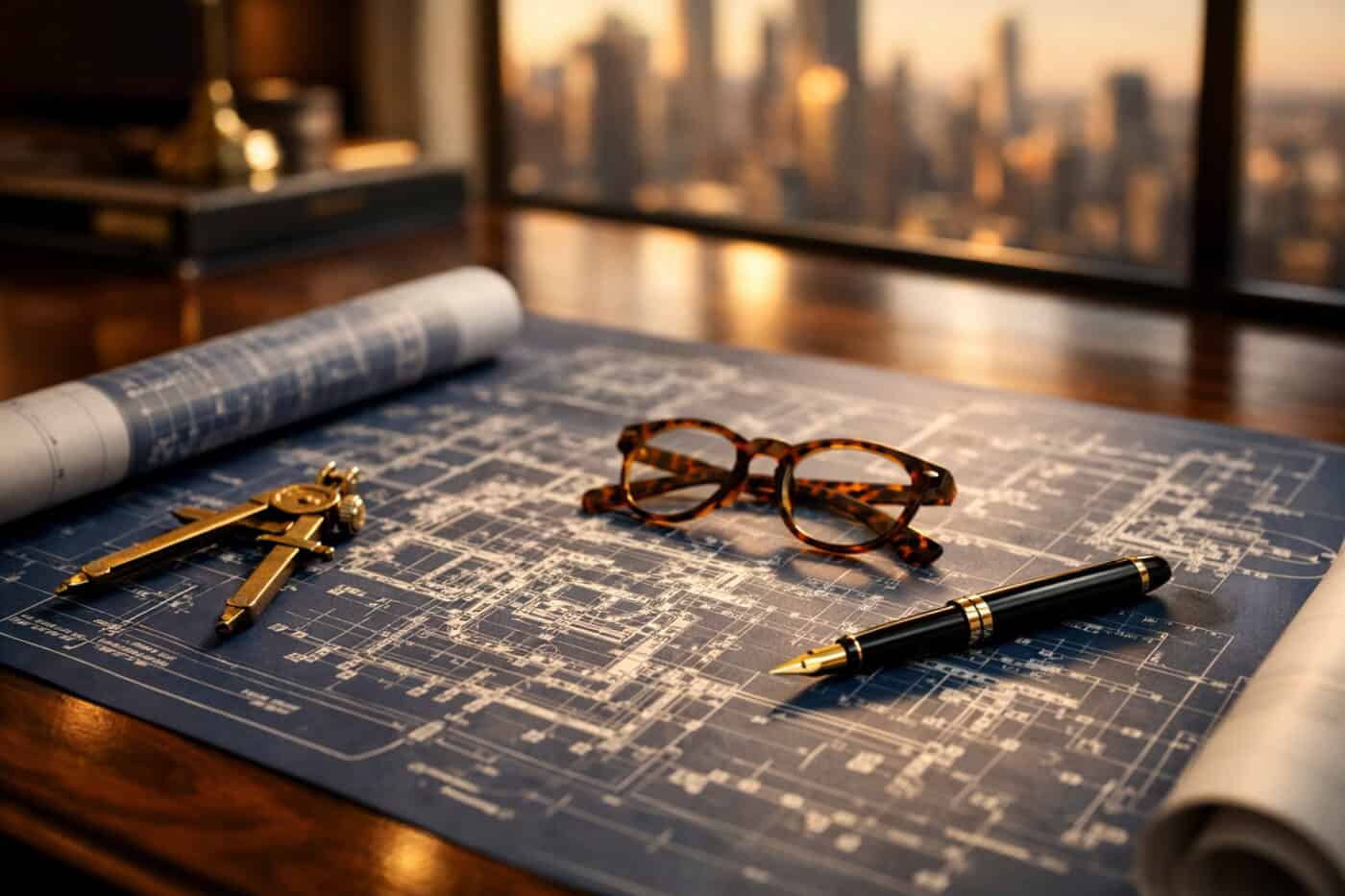 Blueprint representing high net worth tax planning strategy on desk with city skyline