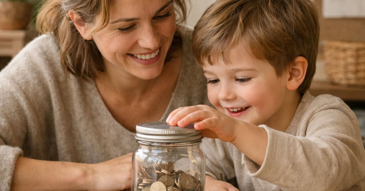 Parent teaching child how much to save for kids college