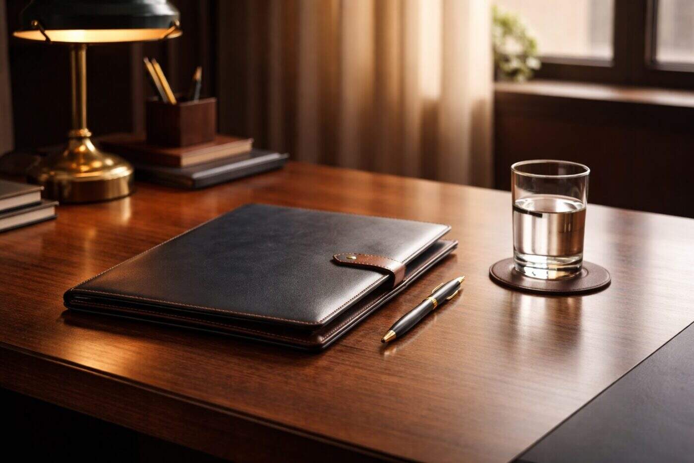 Executive tax planning strategy — leather portfolio and pen on a dark wood desk