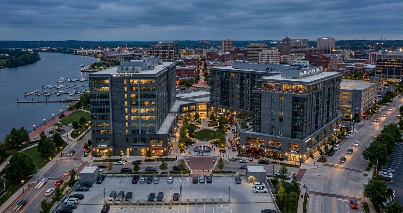 Real estate tax strategies for high earners, aerial view of commercial mixed-use development at dusk