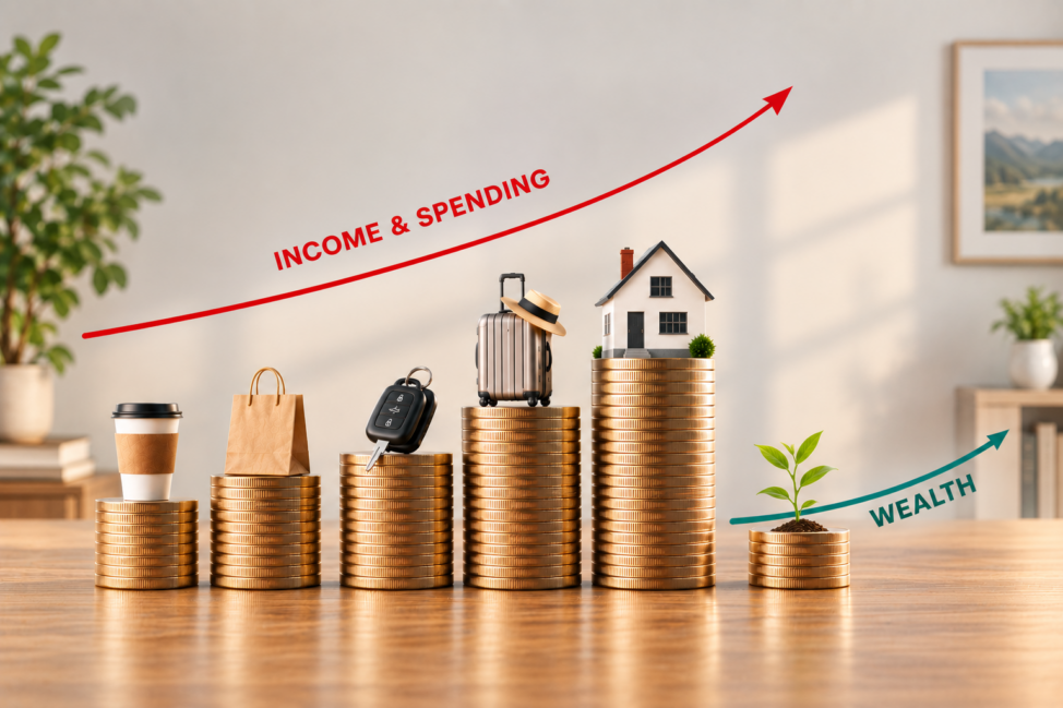 Stacked coins with icons for spending and a small plant growing beside them, representing HENRY financial planning and turning income into wealth