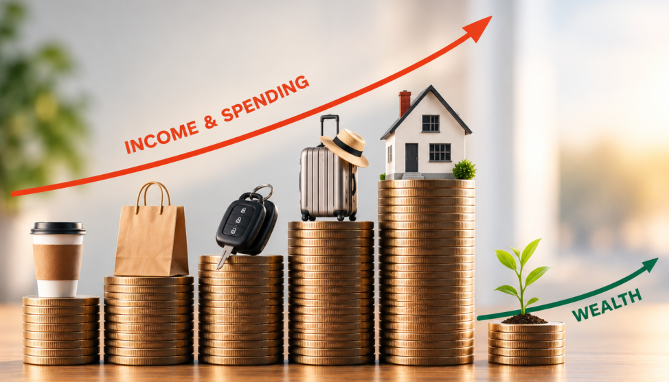 Stacked coins with icons for spending and a small plant growing beside them, representing HENRY financial planning and turning income into wealth