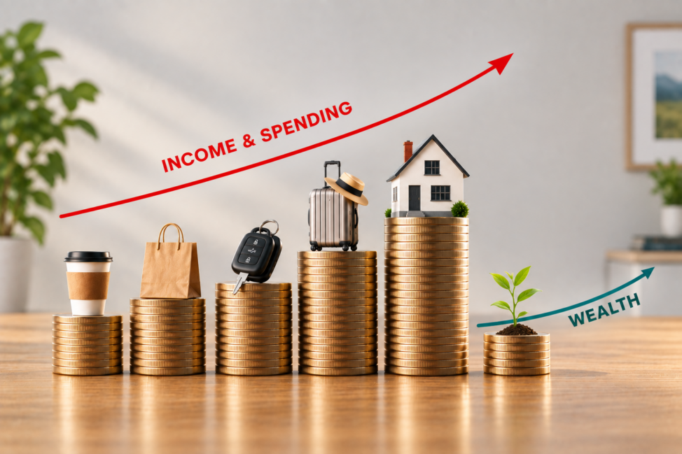 Stacked coins with icons for spending and a small plant growing beside them, representing HENRY financial planning and turning income into wealth